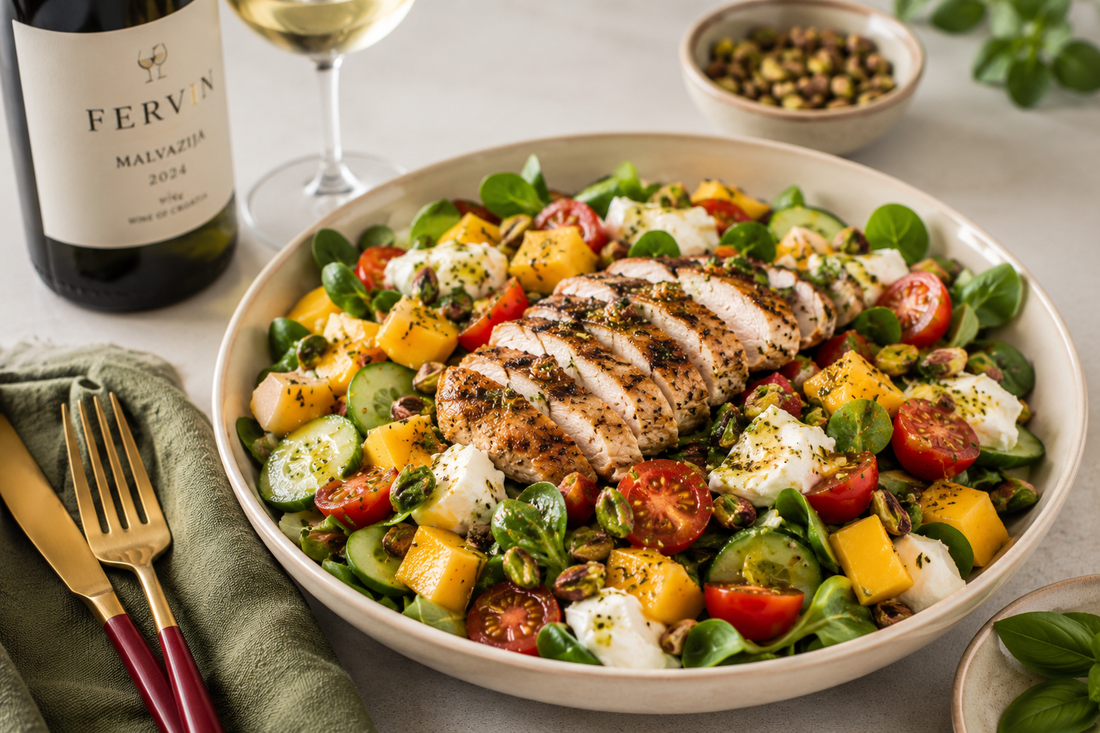 Zomerse salade met kip, mango & pistache